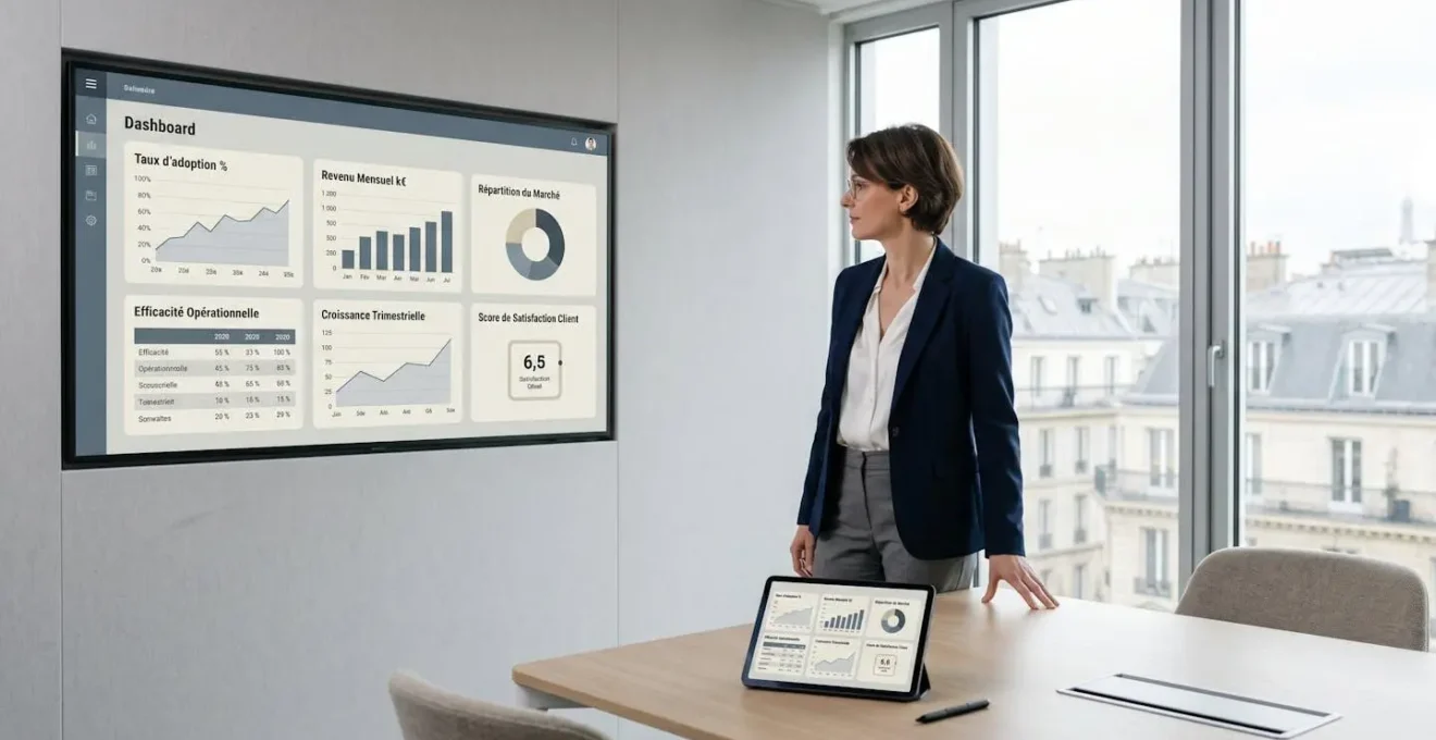 Cadre dirigeante debout dans un bureau moderne consultant un tableau de bord digital mural affichant six indicateurs de performance de transformation digitale, avec tablette sur table de réunion au premier plan