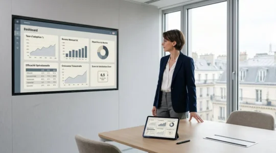 Cadre dirigeante debout dans un bureau moderne consultant un tableau de bord digital mural affichant six indicateurs de performance de transformation digitale, avec tablette sur table de réunion au premier plan