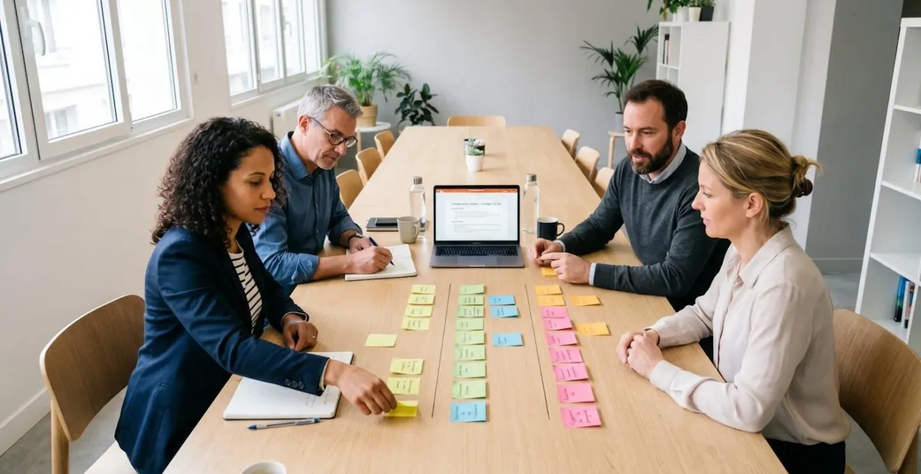 Quatre professionnels de différents âges assis autour d'une table de réunion, triant collaborativement des post-its de couleurs en trois colonnes pour prioriser des indicateurs de transformation digitale