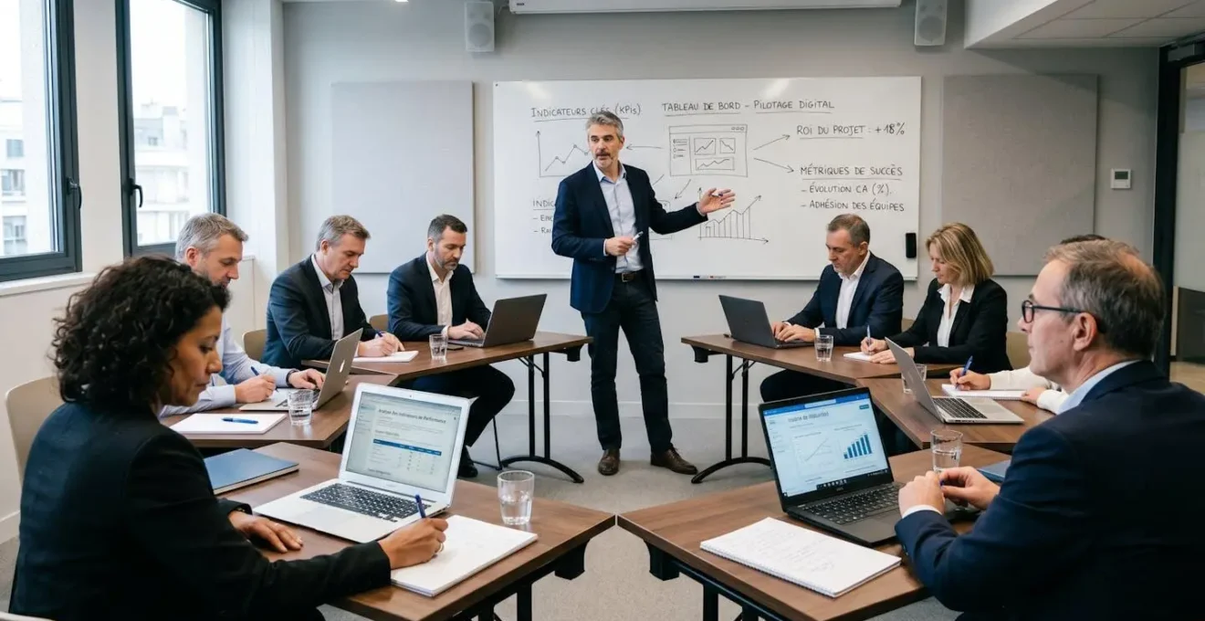Six cadres dirigeants assis en arc de cercle dans une salle de formation professionnelle, concentrés face à un formateur expert debout devant un tableau blanc avec schémas et annotations manuscrites en français
