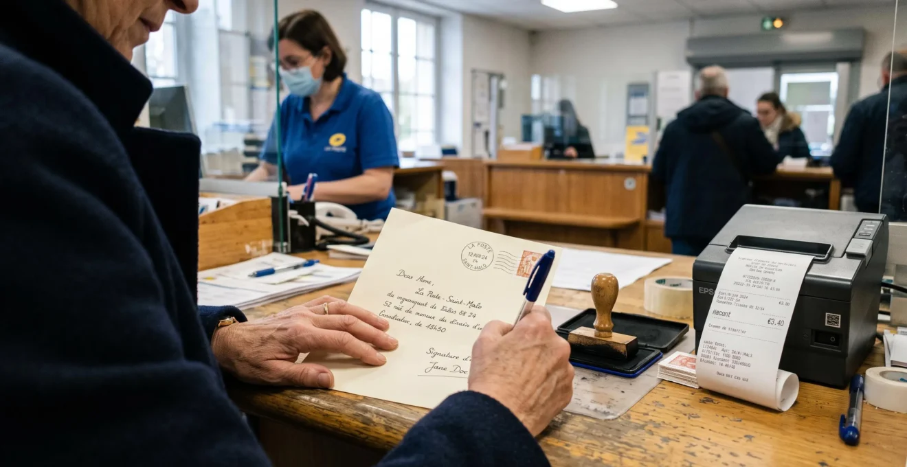 Des mains cachettent une lettre recommandée au guichet d'un bureau de poste.