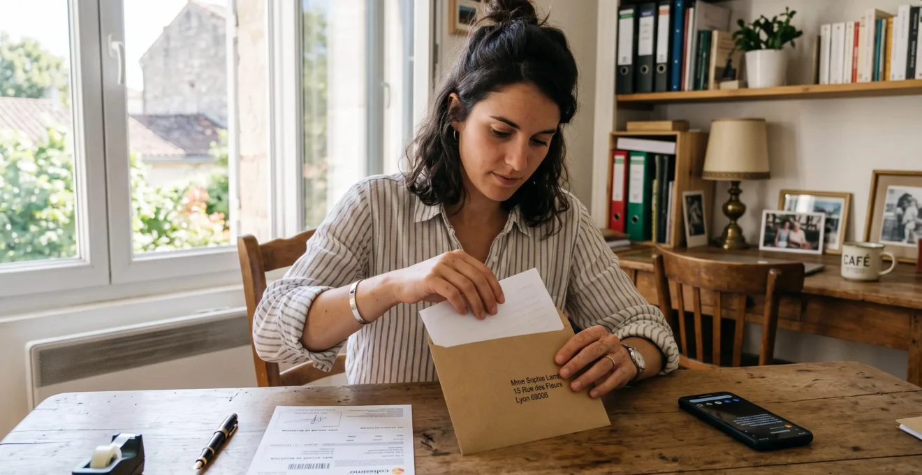 Un entrepreneur glisse une lettre dans une enveloppe à côté d'une preuve d'envoi.