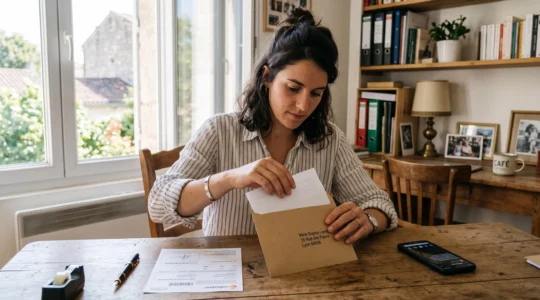 Un entrepreneur glisse une lettre dans une enveloppe à côté d'une preuve d'envoi.